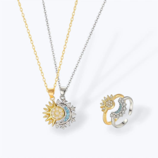 Set de 2 Collares y 2 Anillos Sol y Luna — Conexión Magnética para Parejas y Amigas