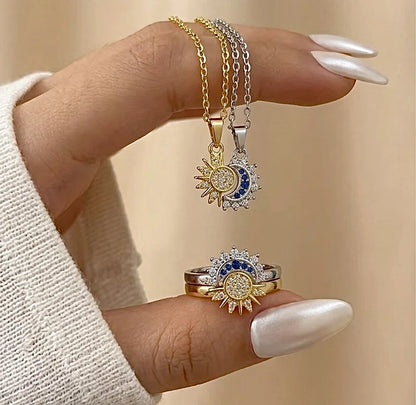 Set de 2 Collares y 2 Anillos Sol y Luna — Conexión Magnética para Parejas y Amigas